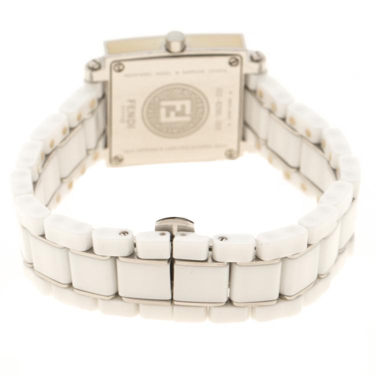 Pre Owned Fendi White Ceramic And Stainless Steel Quadro Women's Wristwatch 25 mm