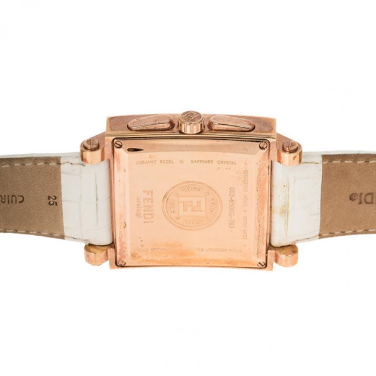 Pre Owned Fendi White Rose Gold Plated Steel Ceramic Quadro 6500G Women's Wristwatch 39 mm