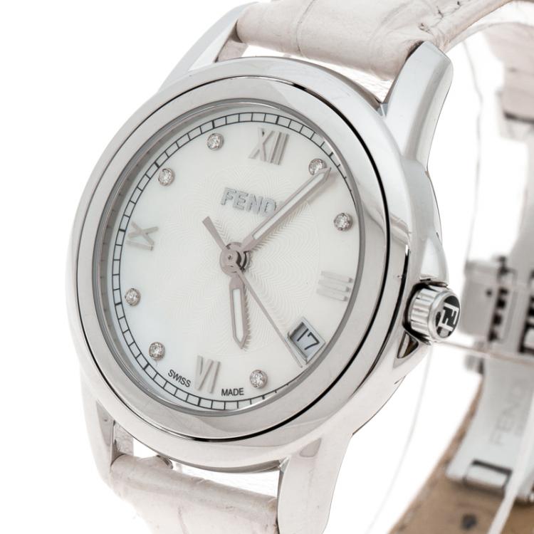 Pre Owned Fendi White Mother of Pearl Stainless Steel Selleria Women's Wristwatch 37 mm