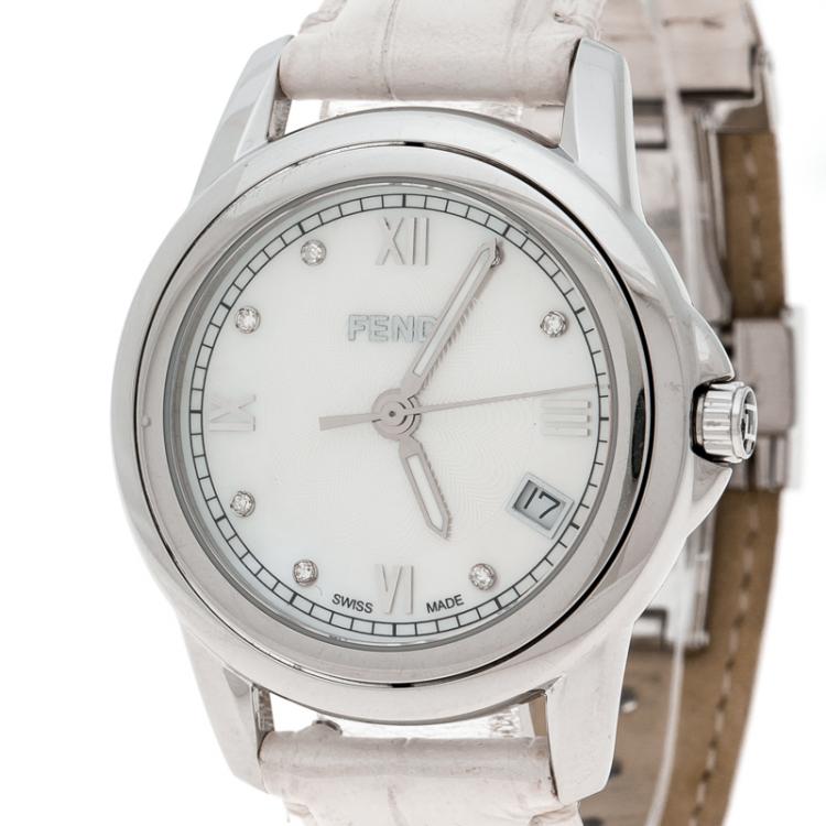 Pre Owned Fendi White Mother of Pearl Stainless Steel Selleria Women's Wristwatch 37 mm