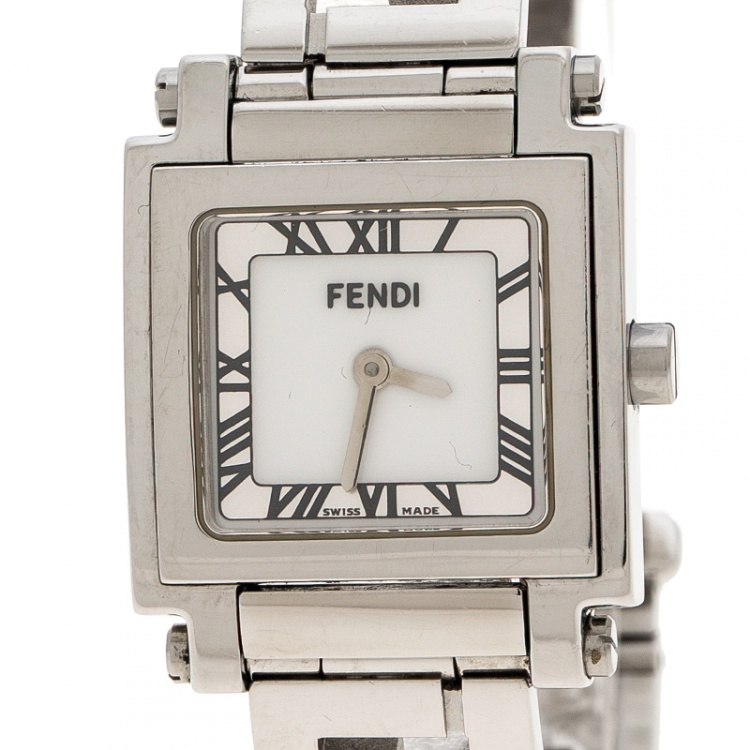 Pre Owned Fendi Silver White Stainless Steel Quadro 6000L Women's Wristwatch 25 mm