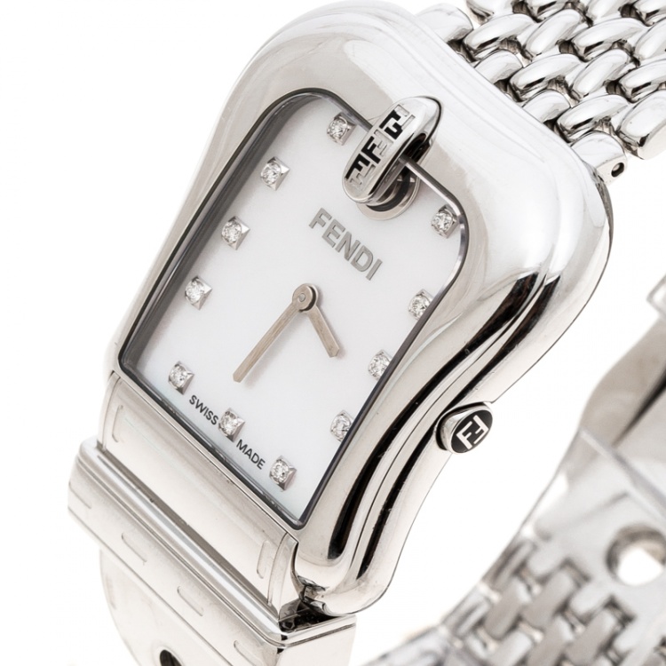 Pre Owned Fendi White Mother of Pearl Stainless Steel And Diamond B. Fendi 3800G Women's Wristwatch 33mm