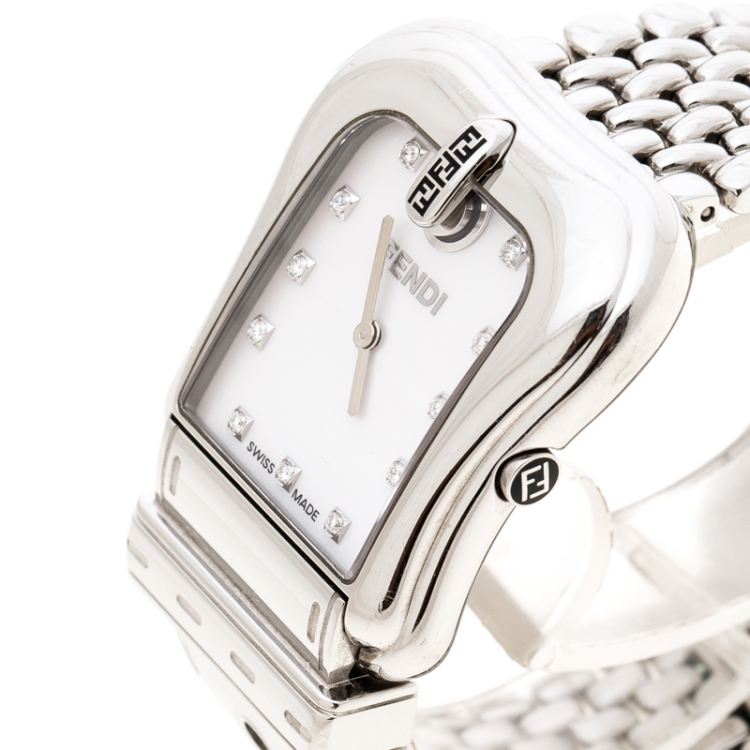 Pre Owned Fendi White Mother of Pearl Stainless Steel And Diamond B. Fendi 3800G Women's Wristwatch 33mm