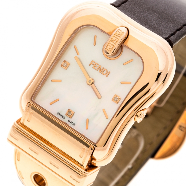 Pre Owned Fendi White Mother of Pearl Rose Gold Plated Stainless Steel 3800G Women's Wristwatch 33 mm