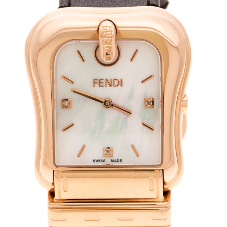 Pre Owned Fendi White Mother of Pearl Rose Gold Plated Stainless Steel 3800G Women's Wristwatch 33 mm