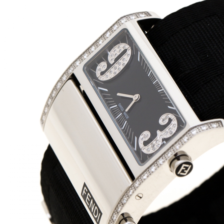 Fendi Black Stainless Steel Diamond Zip Code 1120G Women's Wristwatch 46 mm
