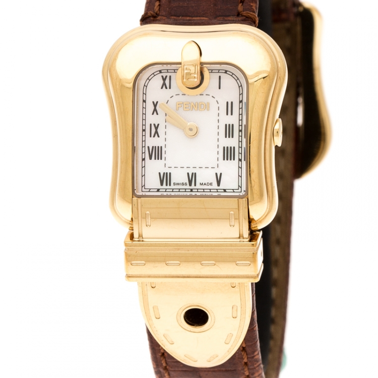 مملوكة مسبقًا Fendi White Mother of Pearl Gold Plated Stainless Steel B.Fendi 3800L Women's Wristwatch 23 mm
