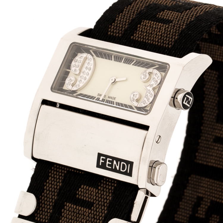 Pre Owned Fendi White Stainless Steel Diamond Zip Code 1120L Women's Wristwatch 38 mm