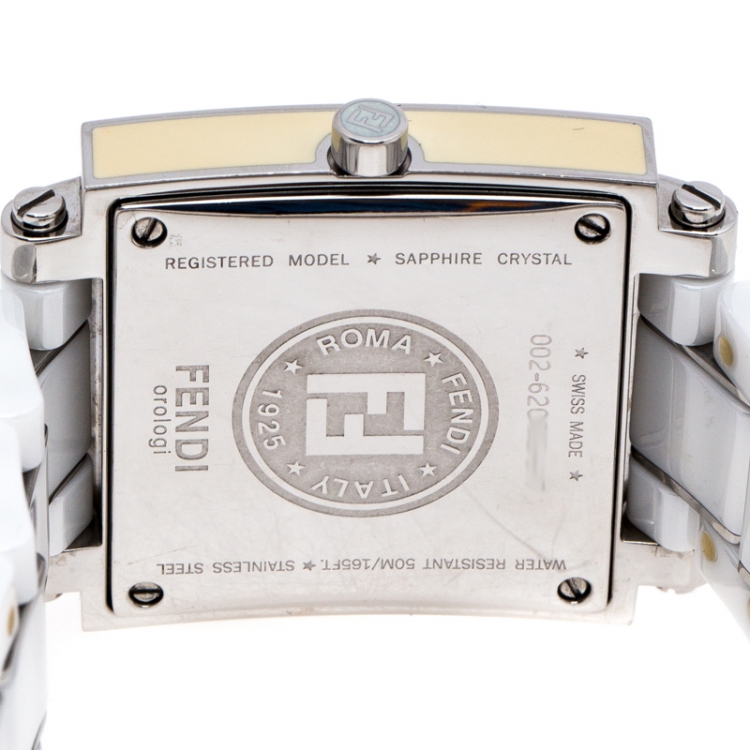 Pre Owned Fendi White Ceramic Stainless Steel Quadro 6200G Unisex Wristwatch 30 mm