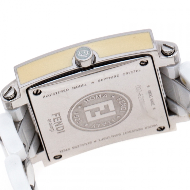 Pre Owned Fendi White Ceramic Stainless Steel Quadro 6200G Unisex Wristwatch 30 mm