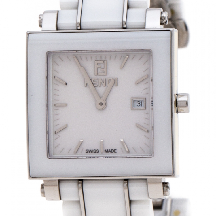 Pre Owned Fendi White Ceramic Stainless Steel Quadro 6200G Unisex Wristwatch 30 mm