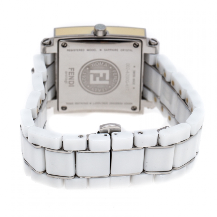 Pre Owned Fendi White Ceramic Stainless Steel Quadro 6200G Unisex Wristwatch 30 mm