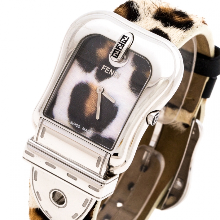Pre Owned Fendi Leopard Print Stainless Steel B.Fendi 3800G Women's Wristwatch 33 mm