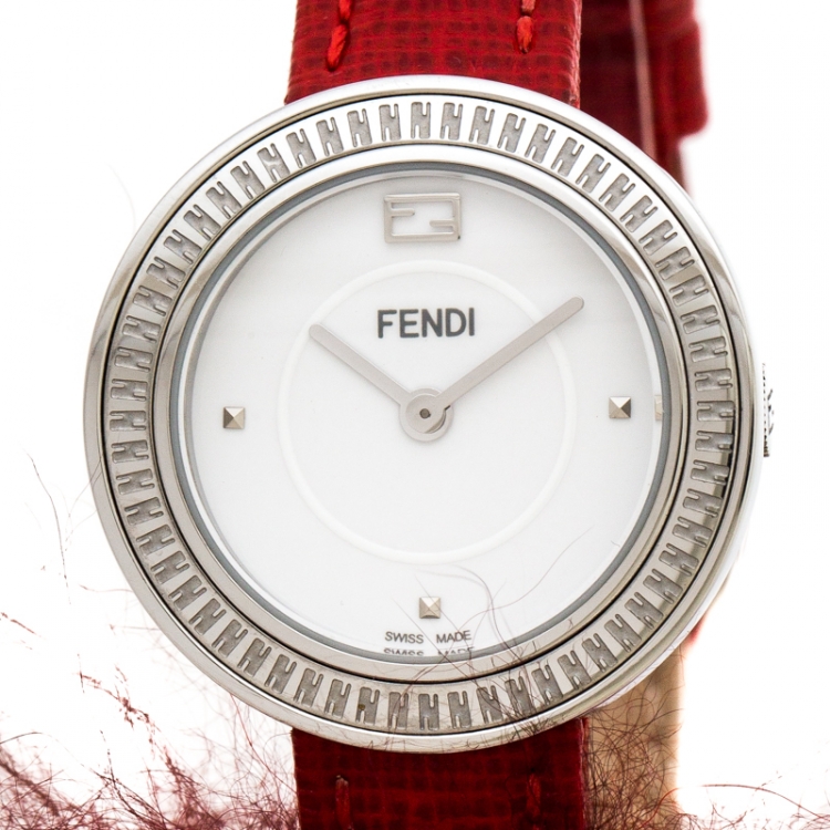 Pre Owned Fendi White Stainless Steel Leather My Way 35000S Women's Wristwatch 28 mm
