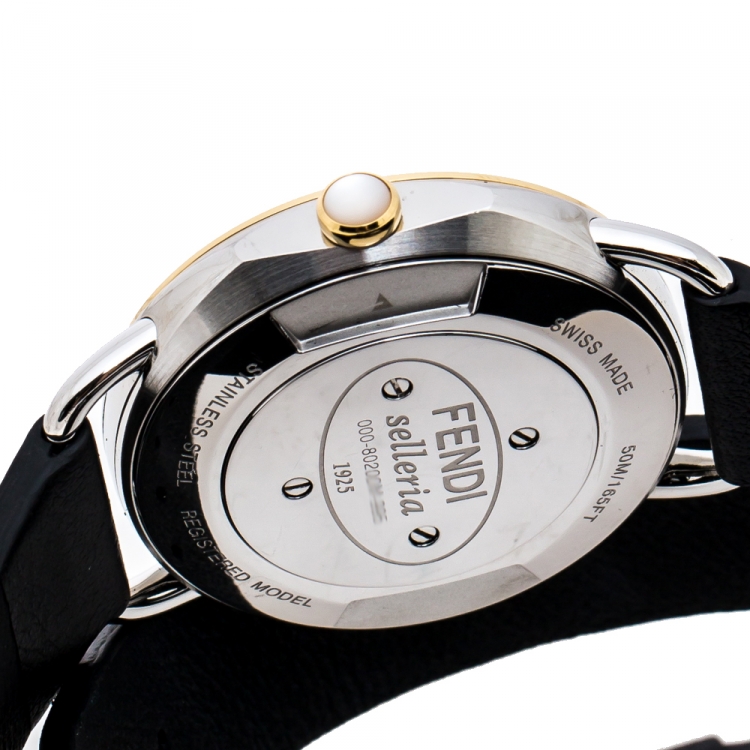 Pre Owned Fendi Mother of Pearl Two-Tone Stainless Steel Studded Leather Selleria 80200M Women's Wristwatch 36 mm