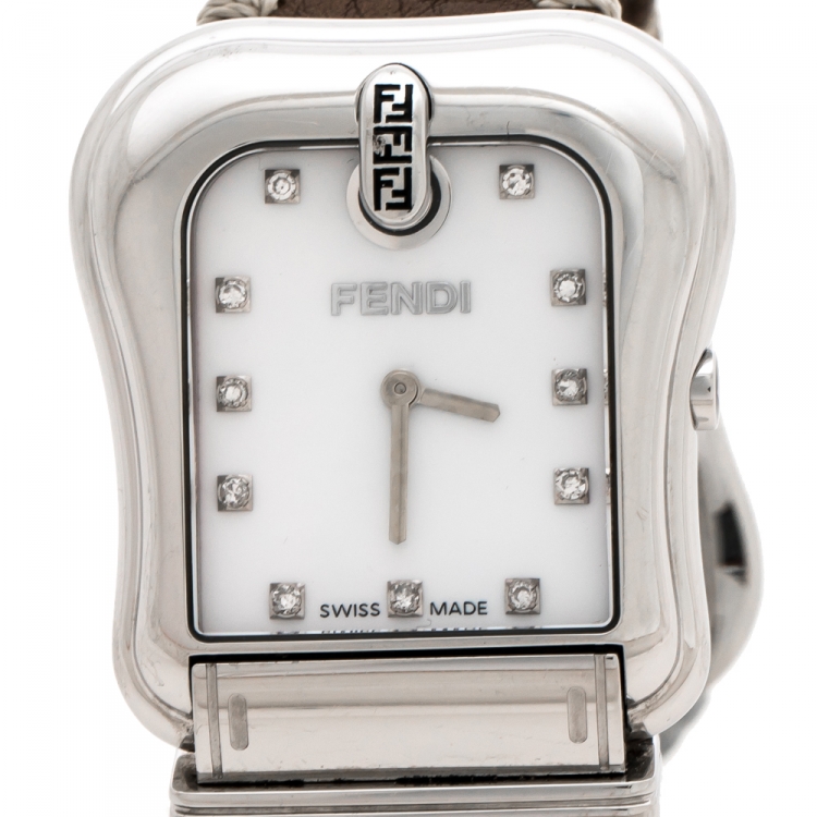 Pre Owned Fendi Mother of Pearl Stainless Steel Diamond B.Fendi 3800G Women's Wristwatch 33 mm
