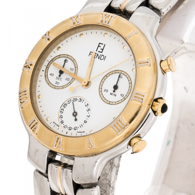 Pre Owned  Fendi White Two-Tone Stainless Steel 950G Chronograph Men's Wristwatch 37 mm