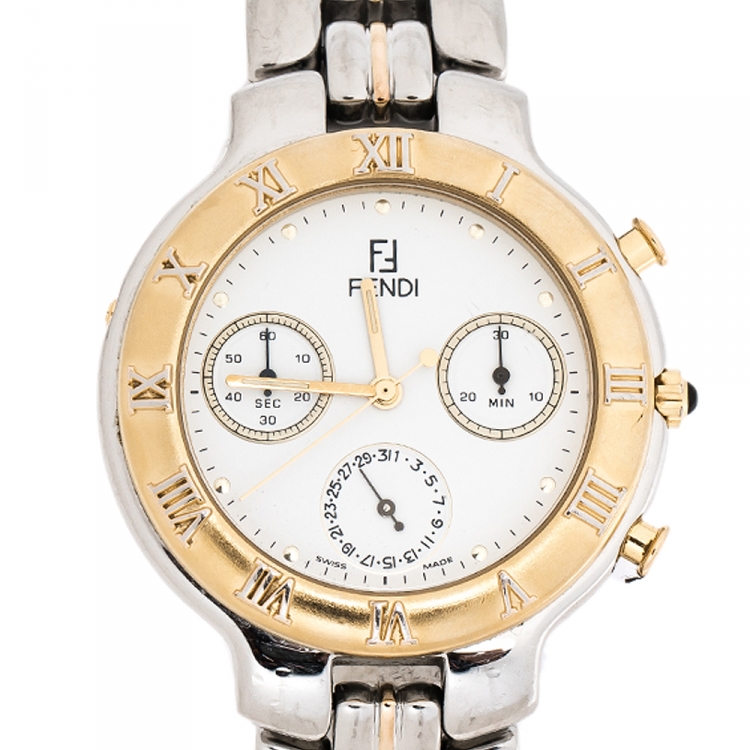 Pre Owned  Fendi White Two-Tone Stainless Steel 950G Chronograph Men's Wristwatch 37 mm