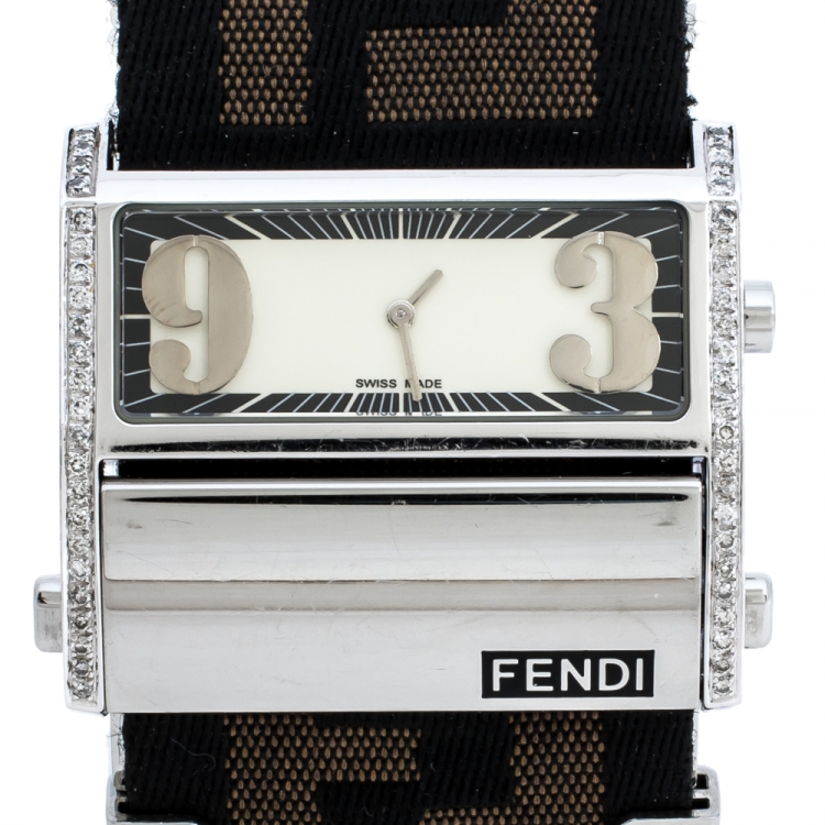 Pre Owned Fendi Cream Stainless Steel Canvas Diamond Zip Code 1120G Women's Wristwatch 46MM
