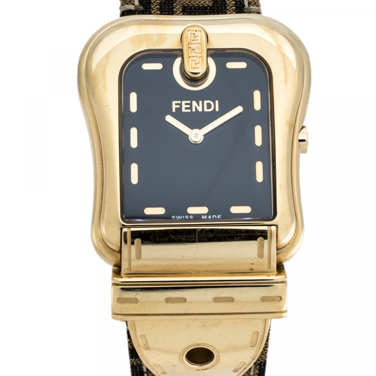 Pre Owned Fendi Black Gold Plated Stainless Steel Canvas B.Fendi 3800G Women's Wristwatch 33 mm