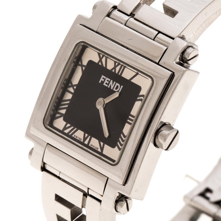 Pre Owned Fendi Black Stainless Steel Quadro Women's Wristwatch 25MM