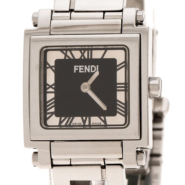 Pre Owned Fendi Black Stainless Steel Quadro Women's Wristwatch 25MM