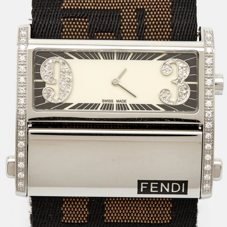 Pre Owned Fendi Cream Stainless Steel Canvas Diamond Zip Code 1120G Women's Wristwatch 46 mm