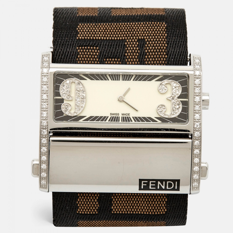 Pre Owned Fendi Cream Stainless Steel Canvas Diamond Zip Code 1120G Women's Wristwatch 46 mm