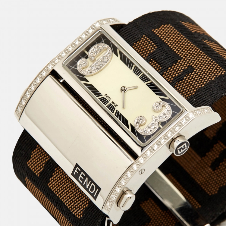 Pre Owned Fendi Cream Stainless Steel Canvas Diamond Zip Code 1120G Women's Wristwatch 46 mm