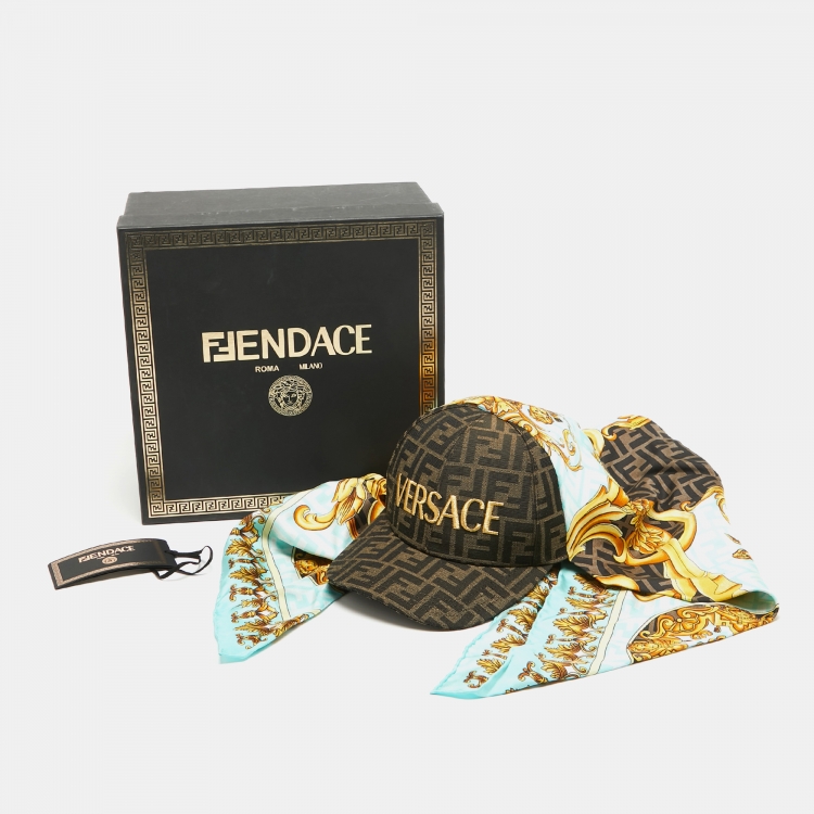Pre Owned Fendi X Versace Brown Baroque/Foulard Canvas and Silk Scarf Baseball Cap
