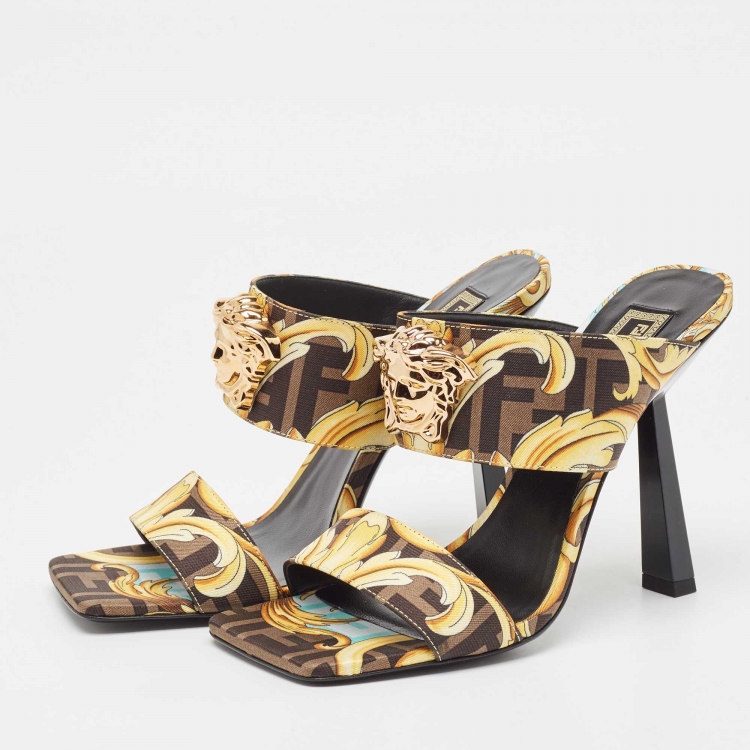 Pre Owned Fendi x Versace Brown/Yellow Baroque Zucca Canvas Medusa Slide Sandals Size 38.5