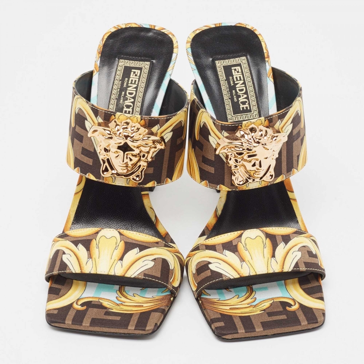 Pre Owned Fendi x Versace Brown/Yellow Baroque Zucca Canvas Medusa Slide Sandals Size 38.5