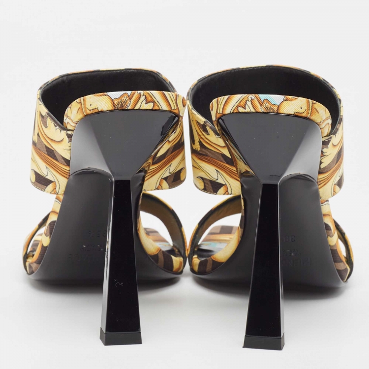 Pre Owned Fendi x Versace Brown/Yellow Baroque Zucca Canvas Medusa Slide Sandals Size 38.5