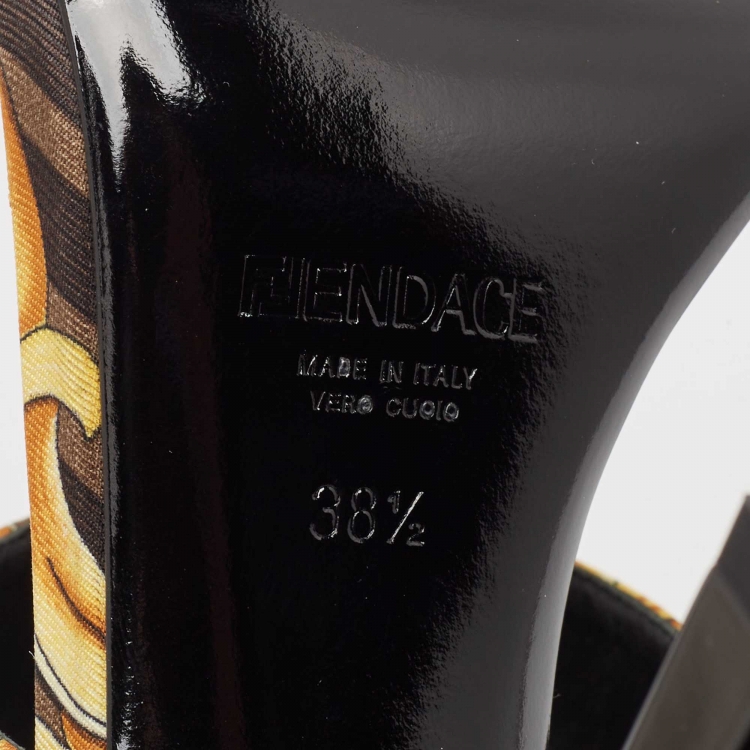Pre Owned Fendi x Versace Brown/Yellow Baroque Zucca Canvas Medusa Slide Sandals Size 38.5