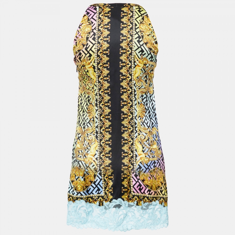 Pre Owned Fendace Multicolor Baroque Print Satin Studded Mini Cocktail Dress S