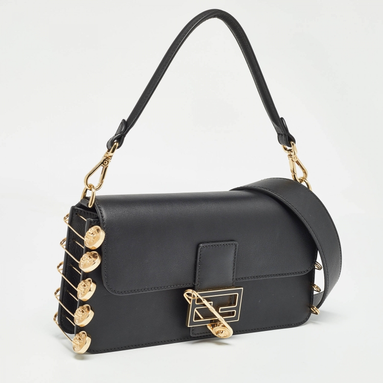 Pre Owned Fendi x Versace Black Leather Fendace Brooch Baguette Bag