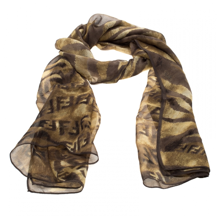 Pre Owned Fendi Brown Animal Print Zucca Silk Scarf 