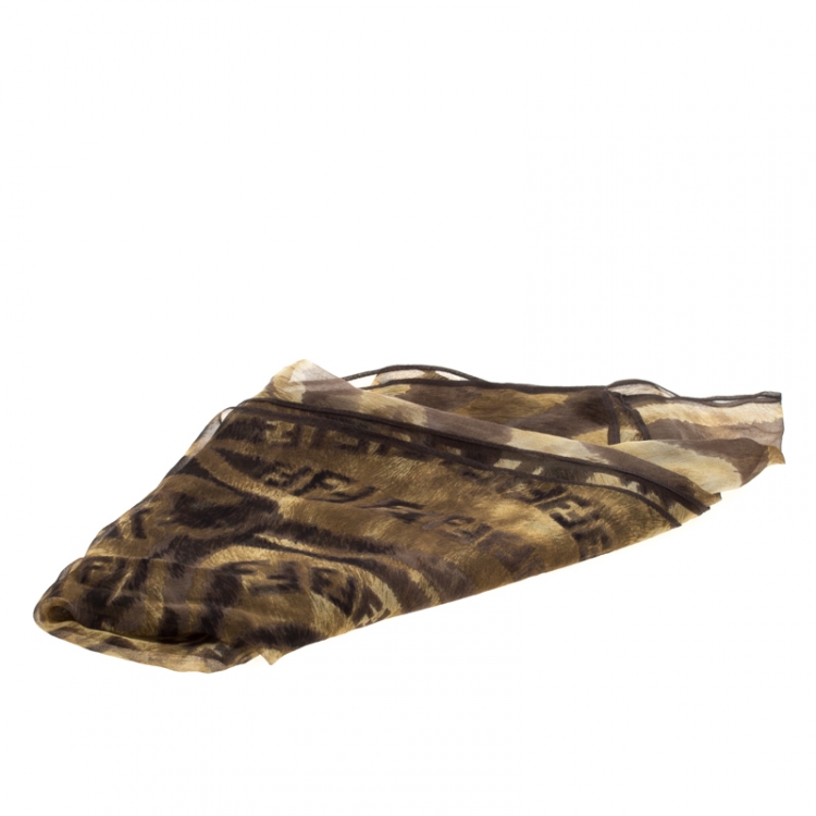 Pre Owned Fendi Brown Animal Print Zucca Silk Scarf 