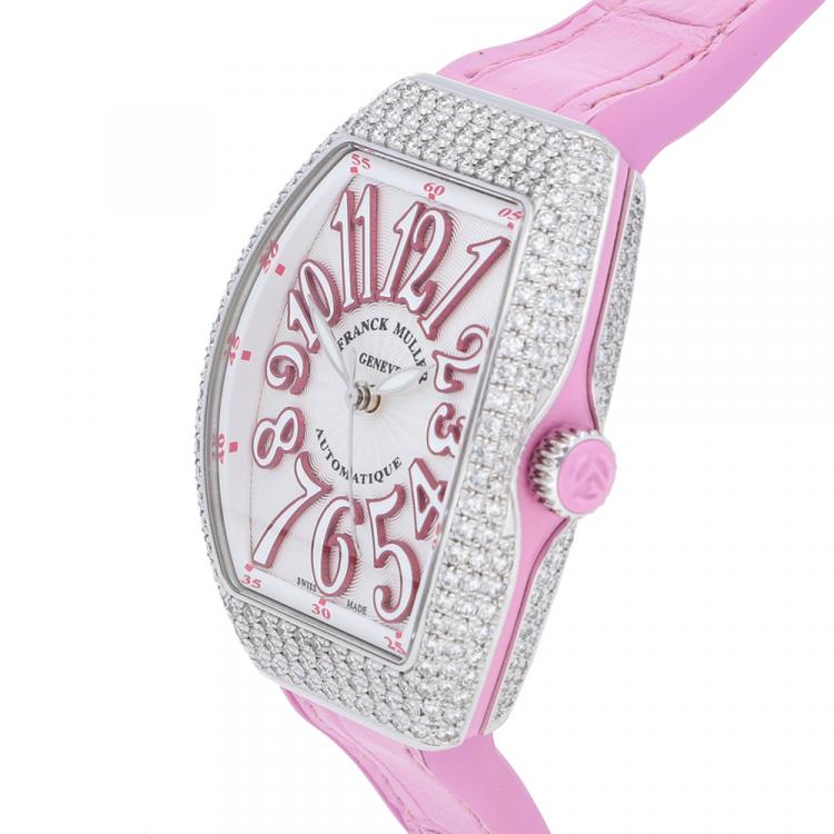 Pre Owned Franck Muller Silver Diamonds Stainless Steel Vanguard V SC AT AC FO D RS Women's Wristwatch 32 x 42 MM