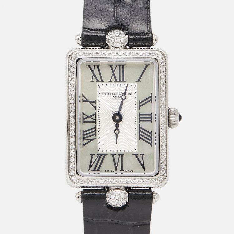 Pre Owned Frederique Constant Mother of Pearl Diamonds Calf Leather Art Déco Carrée FC-200MPW2ACD6 Women's Wristwatch 28 mm × 20.70 mm 