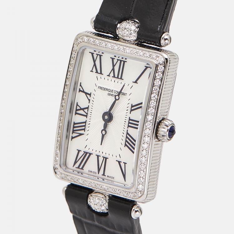 Pre Owned Frederique Constant Mother of Pearl Diamonds Calf Leather Art Déco Carrée FC-200MPW2ACD6 Women's Wristwatch 28 mm × 20.70 mm 