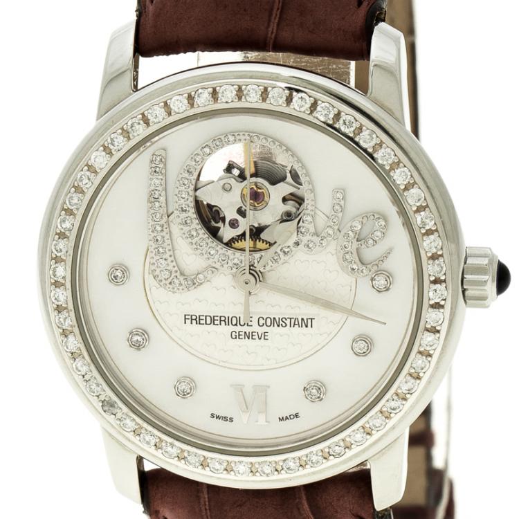 Pre Owned Frederique Constant White Mother of Pearl Stainless Steel Heart Beat Women's Wristwatch 35 mm