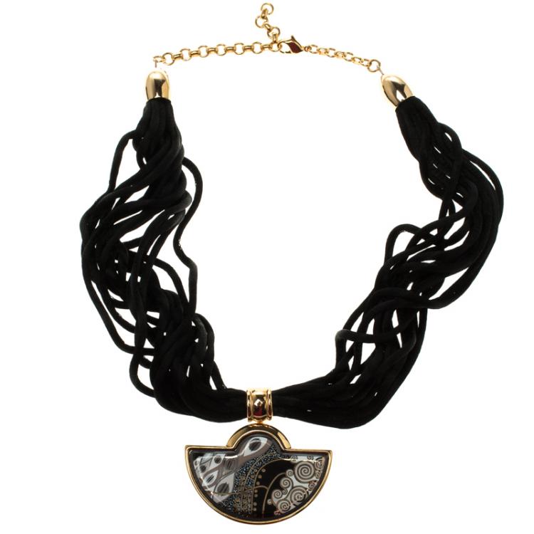 Pre Owned Frey Wille Hommage À Gustav Klimt Nixe Fire Enamel Gold Plated Half Moon Pendant 