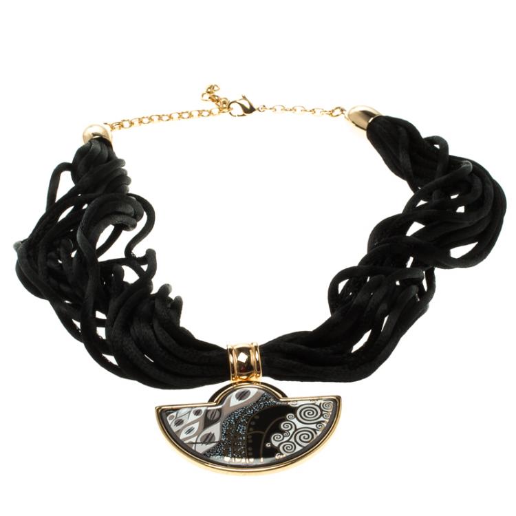 Pre Owned Frey Wille Hommage À Gustav Klimt Nixe Fire Enamel Gold Plated Half Moon Pendant 