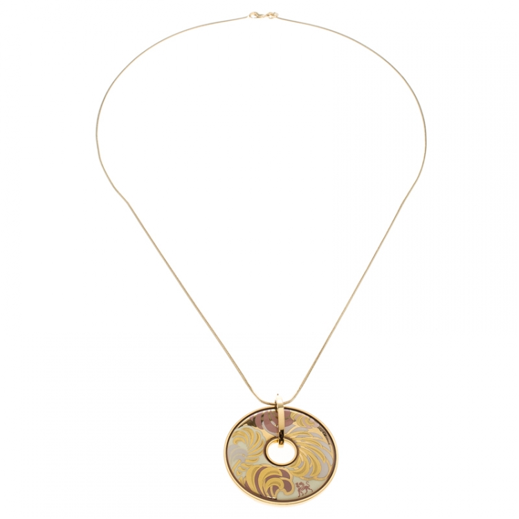 Pre Owned Frey Wille Magic Sphinx Fire Enamel Gold Plated Round Pendant Necklace