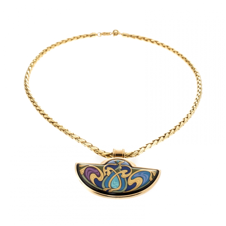 Pre Owned Frey Wille Hommage À Alphonse Mucha Fire Enamel Gold Plated Half Moon Pendant Necklace