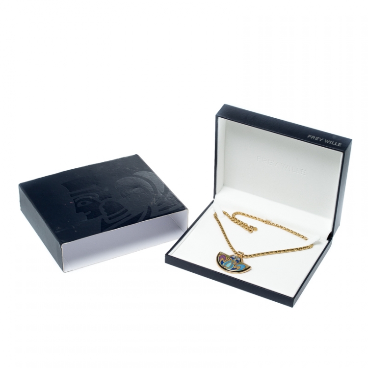 Pre Owned Frey Wille Hommage À Alphonse Mucha Fire Enamel Gold Plated Half Moon Pendant Necklace