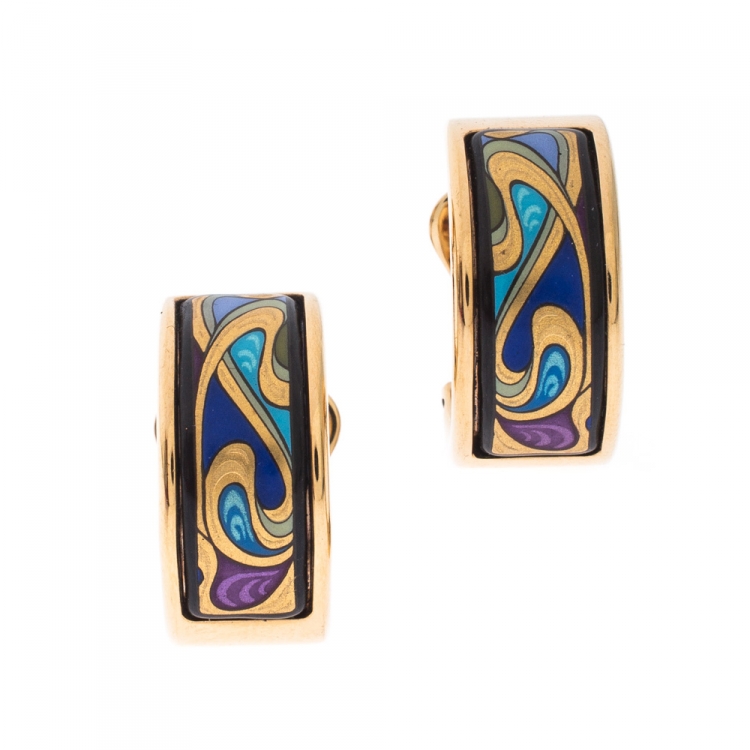 Pre Owned Frey Wille Hommage à Alphonse Mucha Fire Enamel Gold Plated Mini Creole Earrings