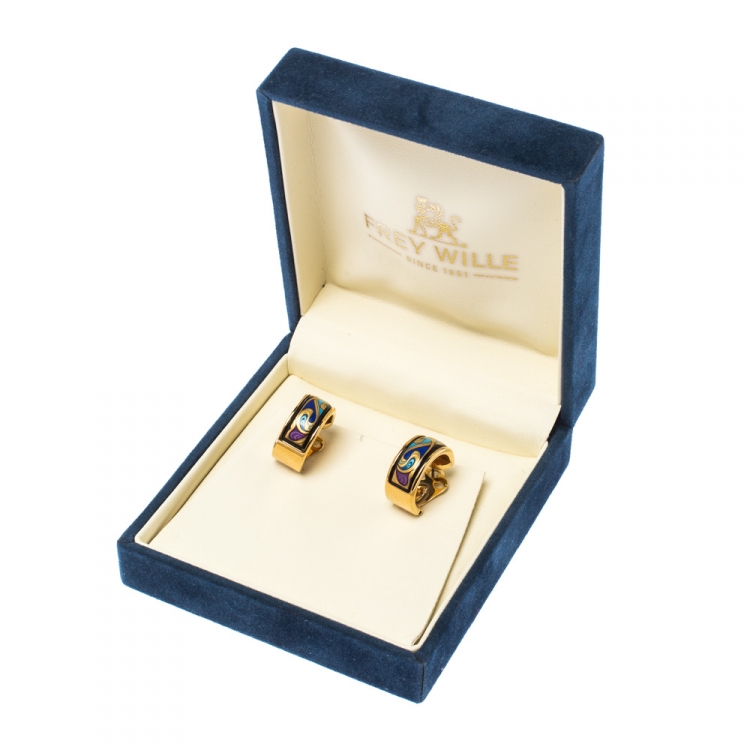 Pre Owned Frey Wille Hommage à Alphonse Mucha Fire Enamel Gold Plated Mini Creole Earrings