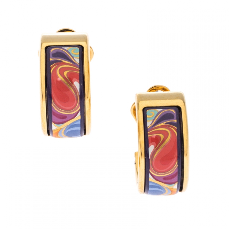 Pre Owned Frey Wille Floral Symphony Fire Enamel Gold Plated Hoop Earrings